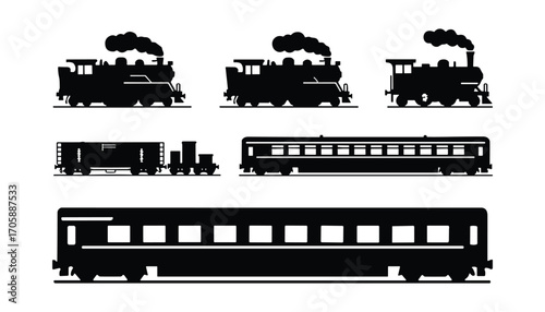 Train Silhouette Vector Illustration Set of Locomotives and Passenger Cars