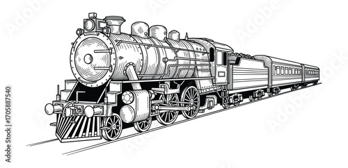 Vintage Steam Train with Passenger Cars Vector Illustration, Old Locomotive Transport