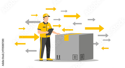 Delivery Service Representative With a Box Amidst Arrows Illustrating Transportation Process