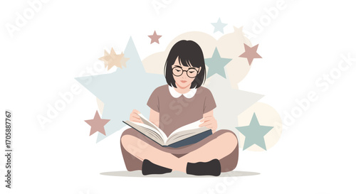 Young Woman Immersed In Reading, Surrounded By Starry Symbols In Peaceful Scene