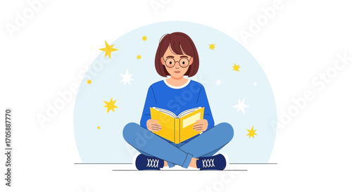 Young Woman Immersed In Reading, Surrounded by Celestial Elements and Symbolic Imagery