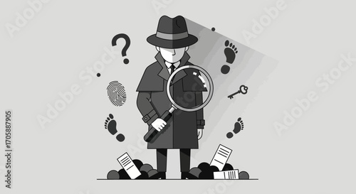 Detective With Magnifying Glass in Search of Evidence and Clues in Mystery Illustration