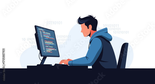 Developer Coding On Computer Displaying Software Source Codes And Digital Binary Numbers