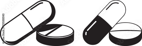 Two pill shapes and two round tablets silhouette