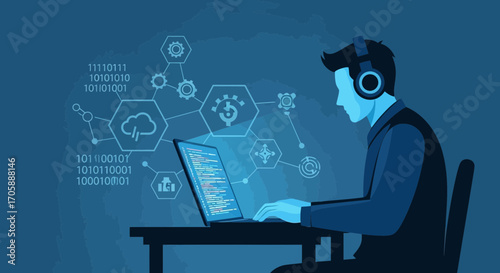 Digital Codeworker Immersed In Technology, Developing And Working On New Coding Projects
