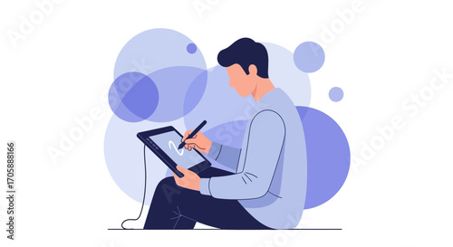 Digital Artist Sketching Design on Tablet with Stylus Pen and Geometric Background