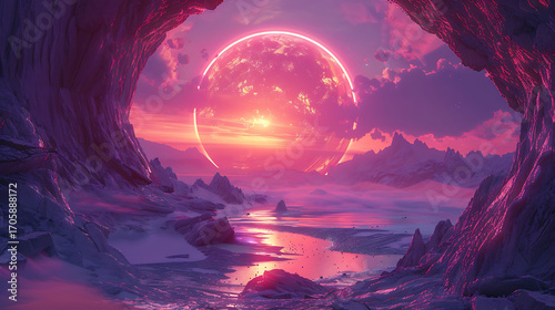 A surreal scene of a vibrant alien world visible through a glowing portal, blending science fiction fantasy with imaginative cosmic landscapes.  
