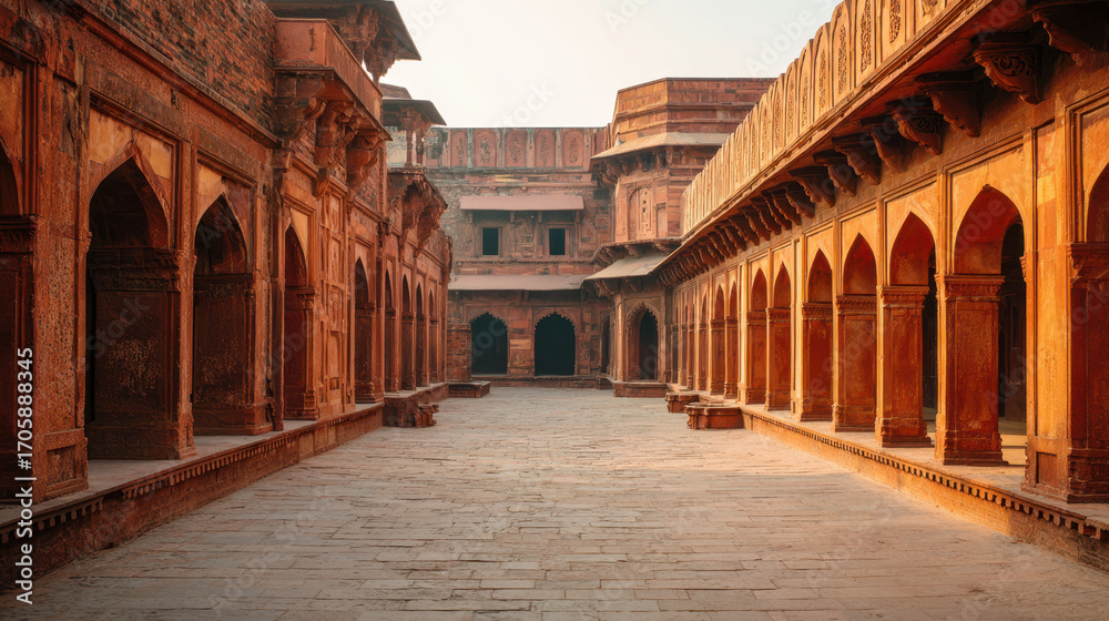 Obraz premium Captivating sunset glow illuminates ancient courtyard architecture india - stunning photography of historic beauty and serenity