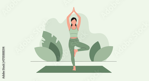 Young Woman Practicing Yoga: Balancing Pose In A Peaceful, Natural Setting In A Tree Pose