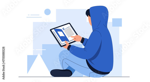 Digital Reading Illustration: Young Person Absorbed by Tablet Content in Modern Design