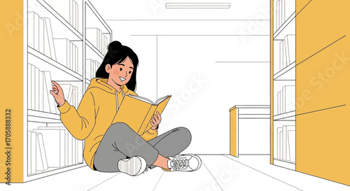 Young Woman Reading A Book in A Library Environment Focuses Her Attention