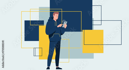 Digital Native: Man Engaging With Smartphone Technology Amidst Geometric Backgrounds