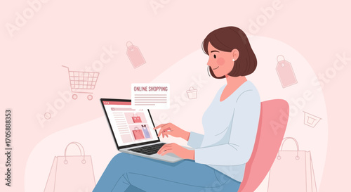 Digital Retail Experience Portrayed As A Woman Browsing On The Internet With Laptop