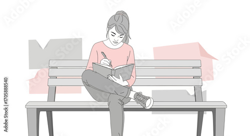 Young Woman Thoughtfully Journaling While Relaxing on a Park Bench Illustration