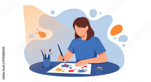 Young Woman Using Brush To Create Colorful Art On Paper, Illustration Graphic Design