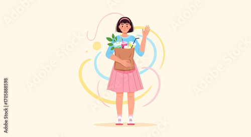 Young Woman Waving With Grocery Bag, Flat Illustration, Vector Art on Background