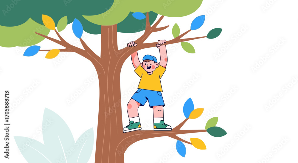 Naklejka premium Youngster Climbing Tree Enjoying Day Outside, Outdoor Activities, Child Illustration