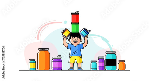 Youngster Balancing Cans with Jars in Delightful Illustration and Modern Artistic Style