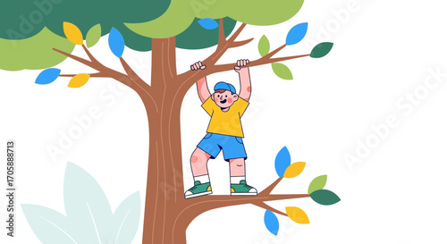 Youngster Climbing Tree Enjoying Day Outside, Outdoor Activities, Child Illustration