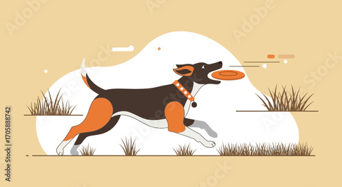 Dog Fetching Flying Disc During Outdoor Playful Activities In Playful And Artistic Style