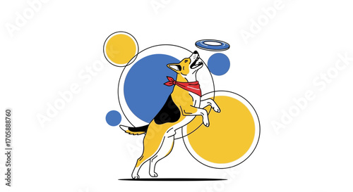 Dog Fetching Flying Disc Inside Geometric Composition Illustrating Playful Activity