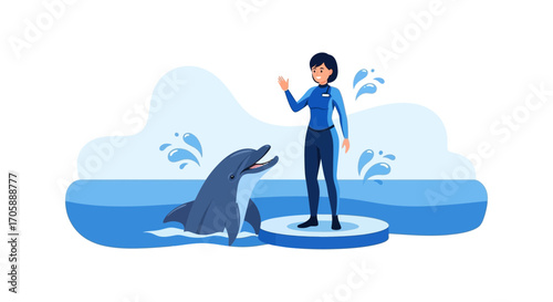Dolphin And Trainer Interacting During A Show Representing Marine Life Activities