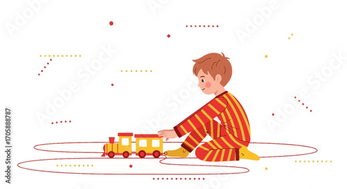 Youngster Engrossed In Play, Capturing the Joy of Childhood, Featuring Toy Train Recreation