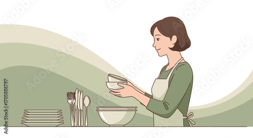 Domesticated Woman Preparing Dishes in The Kitchen with a Calm and Collected Demeanor