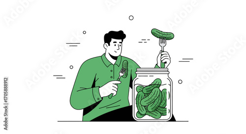 Drawn Man Enjoying Pickles From Glass Jar With Fork in Hand Modern Vector