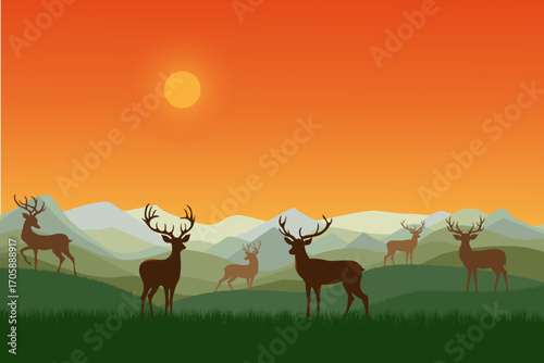 Illustration of a serene wilderness scene natural landscape featuring a herd of deer silhouetted against a vibrant orange sky. The background displays layered mountains in varying soft green and gray 