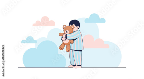 Youngster Hugs a Cuddly Teddy Bear, Comforted and Surrounded by Dreamy Clouds Elements