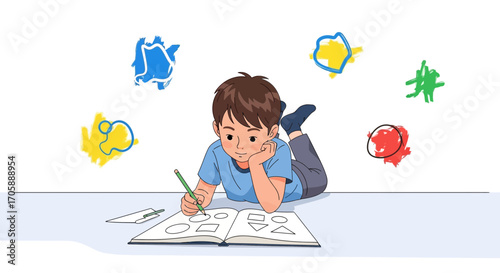 Youngster Illustrating Forms With Pencil While Laying Down, Creative Visualization Process