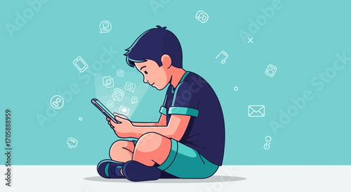 Youngster Immersed In Digital Realm Through Mobile Interface Focused Illustrations