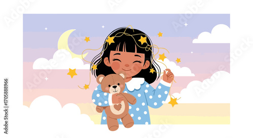 Dreamy Girl Holding Teddy Bear with Starry Crown and Moon and Clouds Background