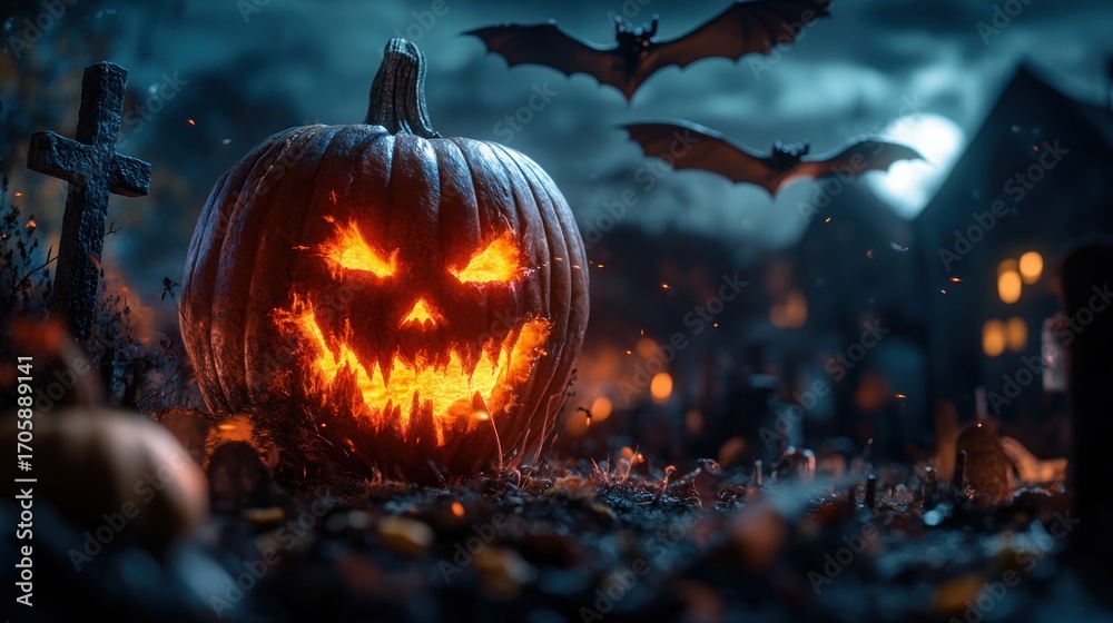 Naklejka premium Spooky jacko'lantern glowing in a graveyard with bats flying on halloween night