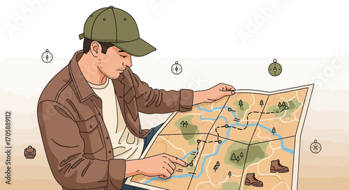 A Person Examining A Topographic Map While Preparing For An Outdoor Excursion