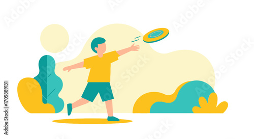Youngster Playing Frisbee Game During The Sunny Day Vector Flat Minimalist Illustration