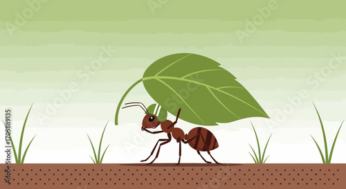An Assiduous Ant Carrying A Gigantic Leaf Across The Grassy Terrain