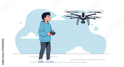 Youngster Operating Drone Technology In A Light Blue Sky Background With Illustration