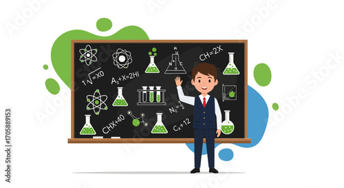 Animated Professor Explaining Science Concepts on a Blackboard Using Formulas and Illustrations