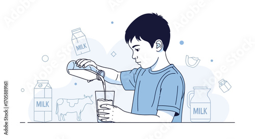 Youngster Pours Fresh Milk Into Glass From Bottle In Illustrated Dietary Illustration
