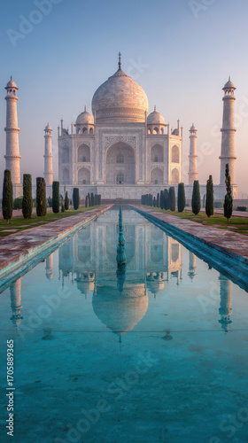 Majestic sunrise at the taj mahal agra india a stunning reflection in tranquil waters