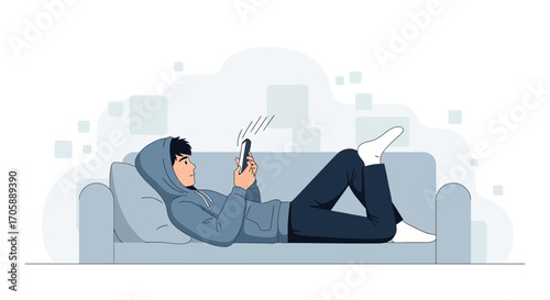 Youngster Relaxing On a Sofa Checking Smartphone, Casual Weekend Leisure Activity