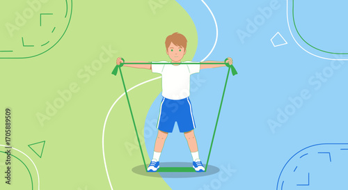 Youngster Working Out With Resistance Band And Shaping Body On Colorful Background