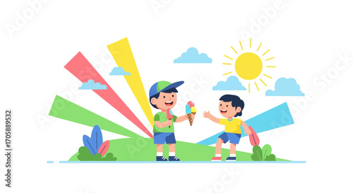 Youngsters Enjoying Ice Cream On A Sunny Day In Bright, Playful, Creative Illustration
