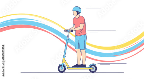 Youthful Figure Cruising on Electric Scooter in Vibrant Vector Illustration