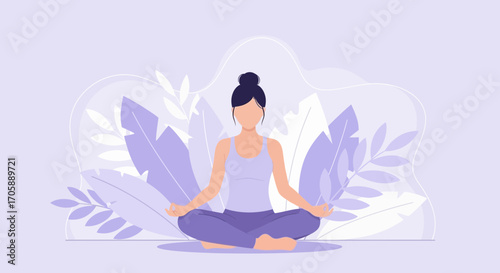 Zen Mindset: Woman Meditating In Lotus Position Surrounded By Simplified Foliage