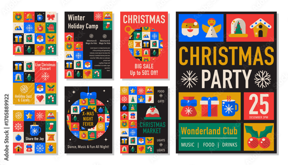 Fototapeta premium Christmas and New Year Poster Set. Geometric Mosaic Holiday Flyers and Banners