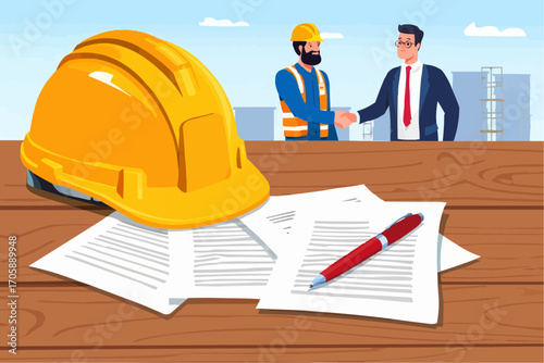 Construction professionals shake hands over important documents and hard hat