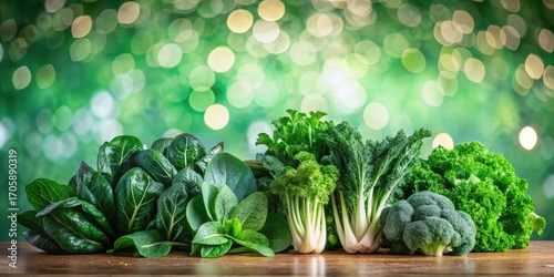 A vibrant collection of fresh, leafy greens and broccoli arranged on a wooden surface against a soft green bokeh background, showcasing the beauty of nature's bounty.
